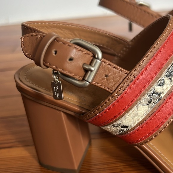 Coach Princenton Snakeskin Saddle Brown and Carmine Red Strappy Heeled Sandals 7 - Picture 4 of 14